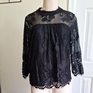 New York & Company Soho Jeans Black Lace Blouse Mock Neck Floral Sheer M